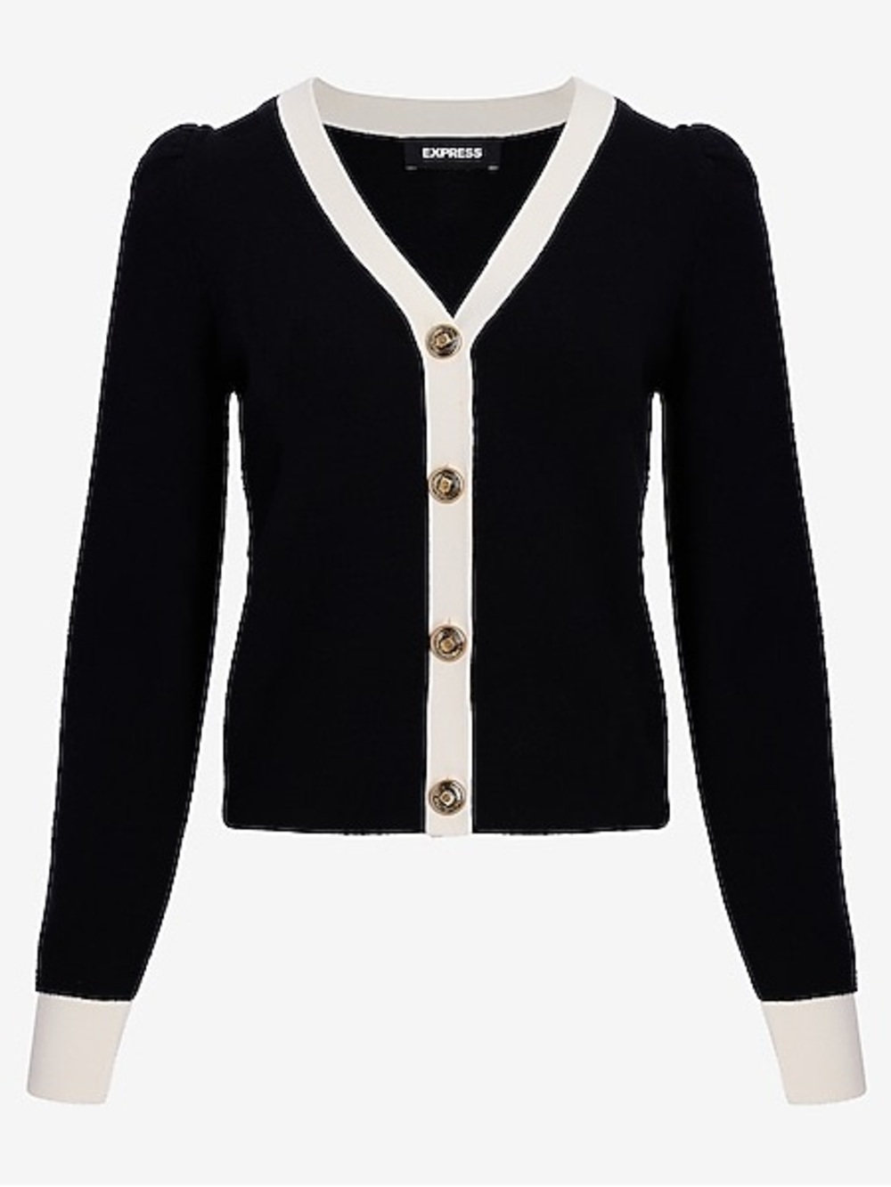 Express Tipped Novelty Button Puff Sleeve Cardigan - Picture 9 of 11